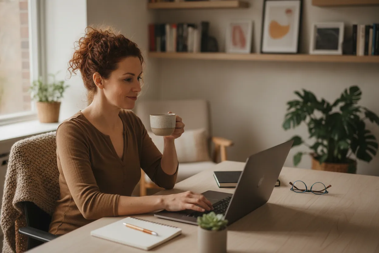 Woman balancing a laptop and a cup of tea in a home workspace