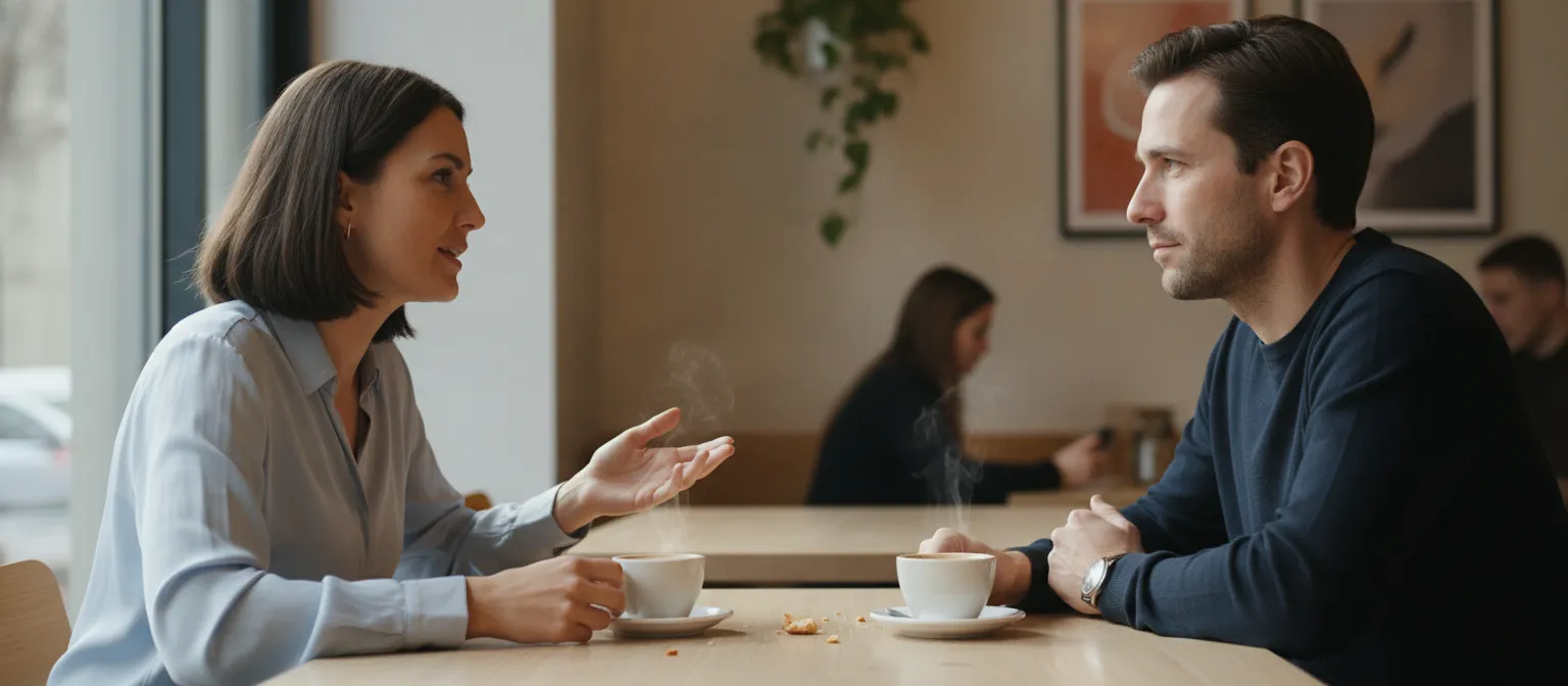 Confident woman setting a clear boundary in a quiet conversation