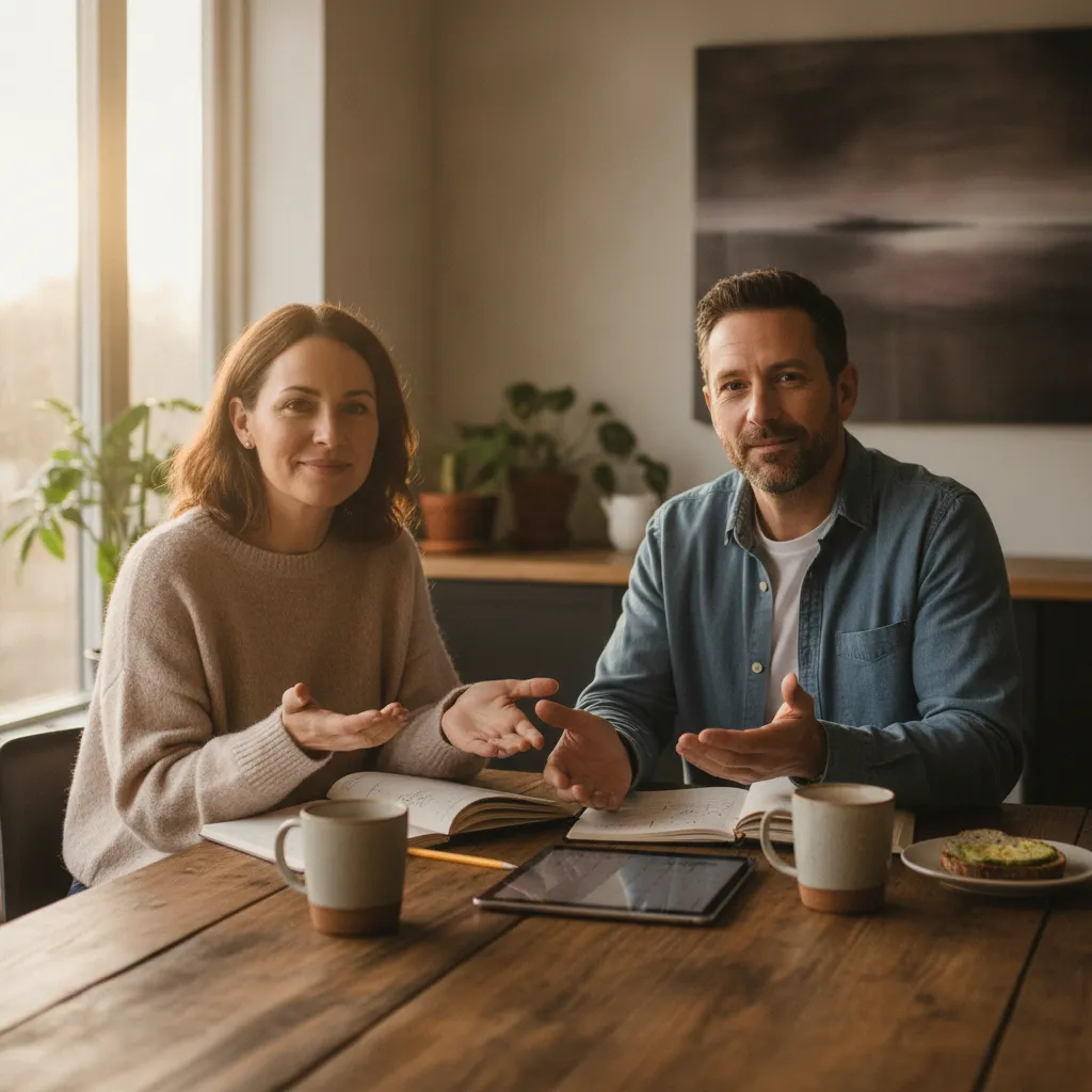 Couple discussing work and home responsibilities at a kitchen table