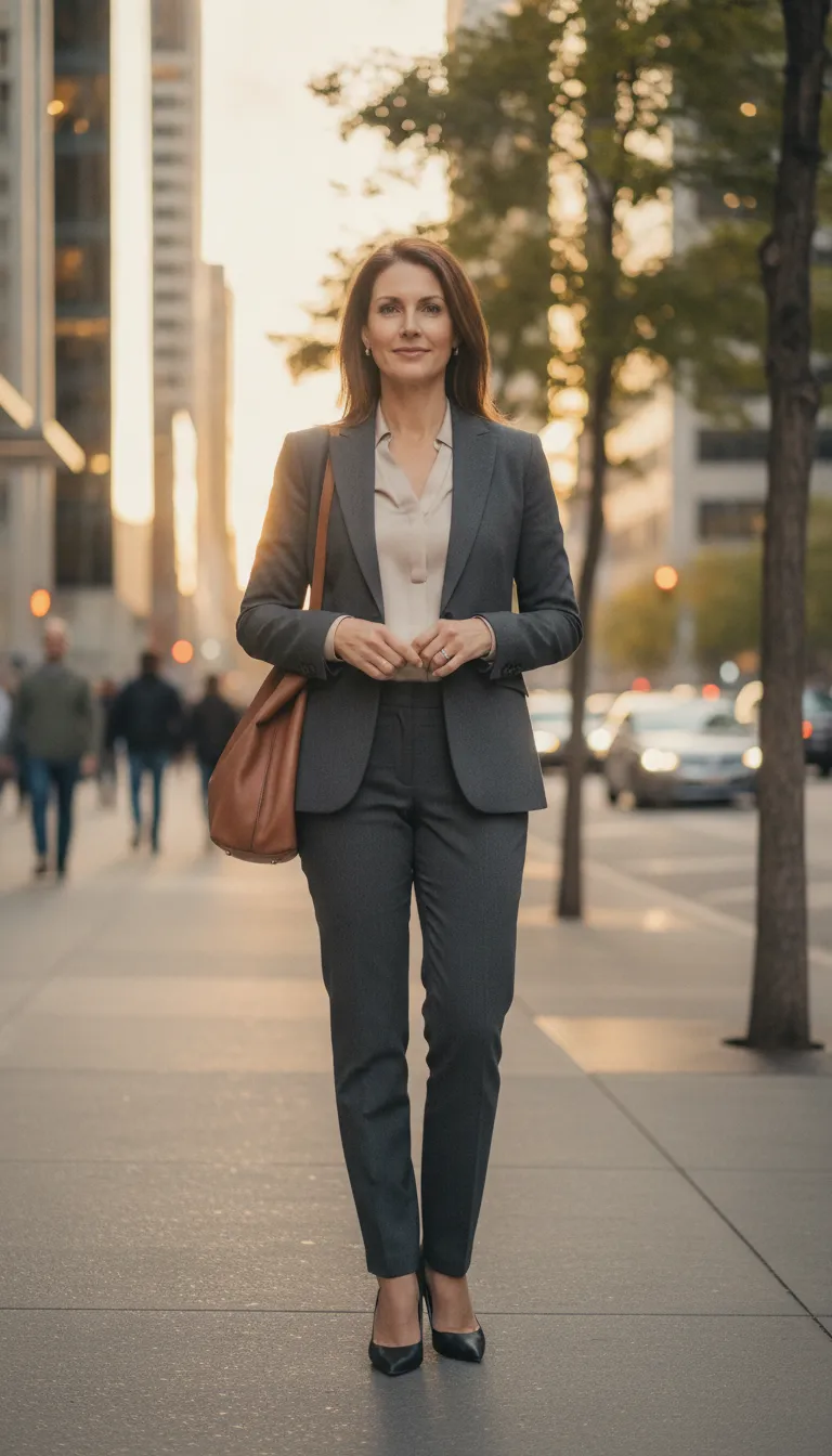 Woman standing confidently in a city setting after work