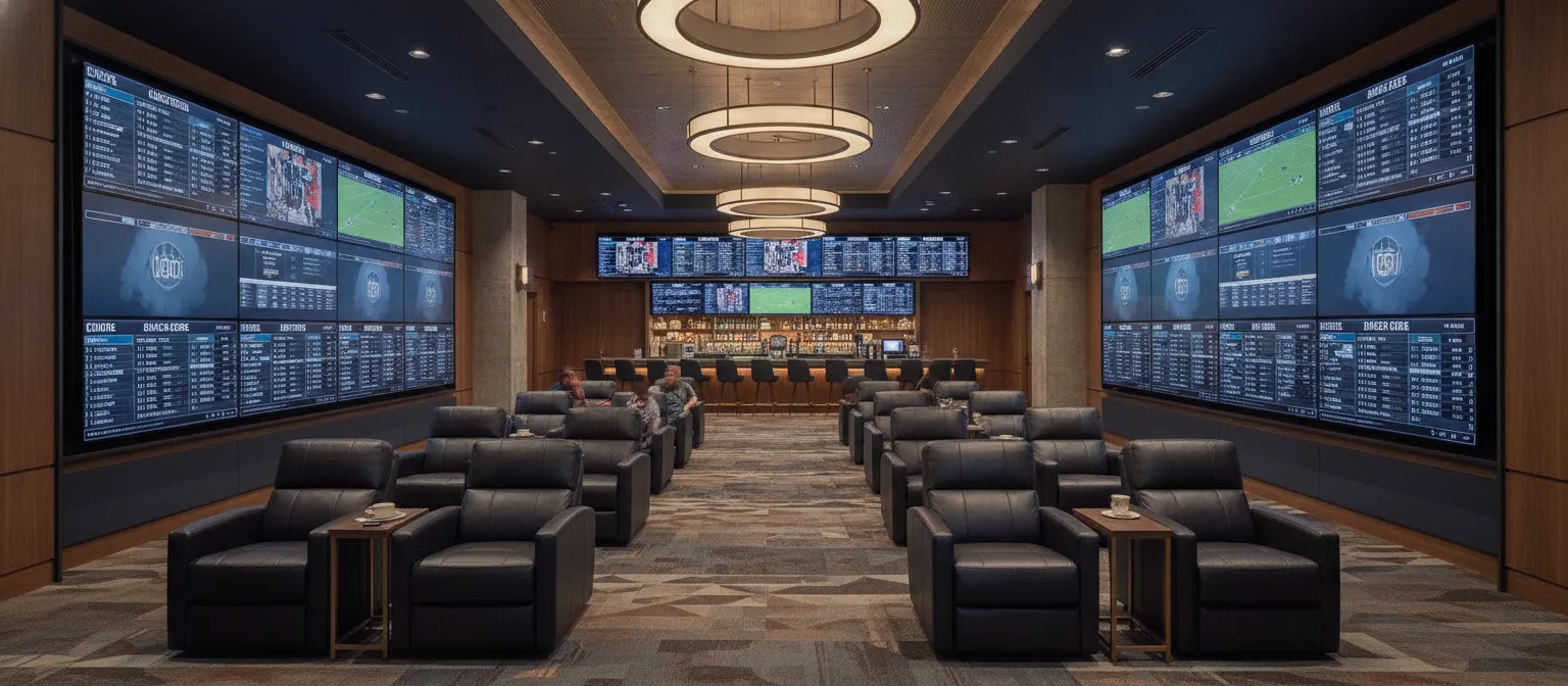 Wide view of a generic sports betting lounge