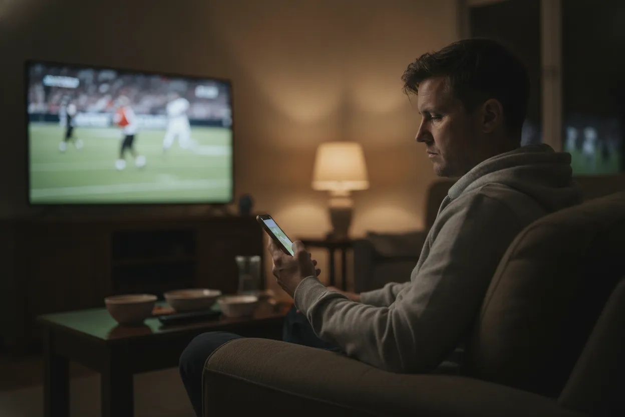 Sports fan considering a bet during a game