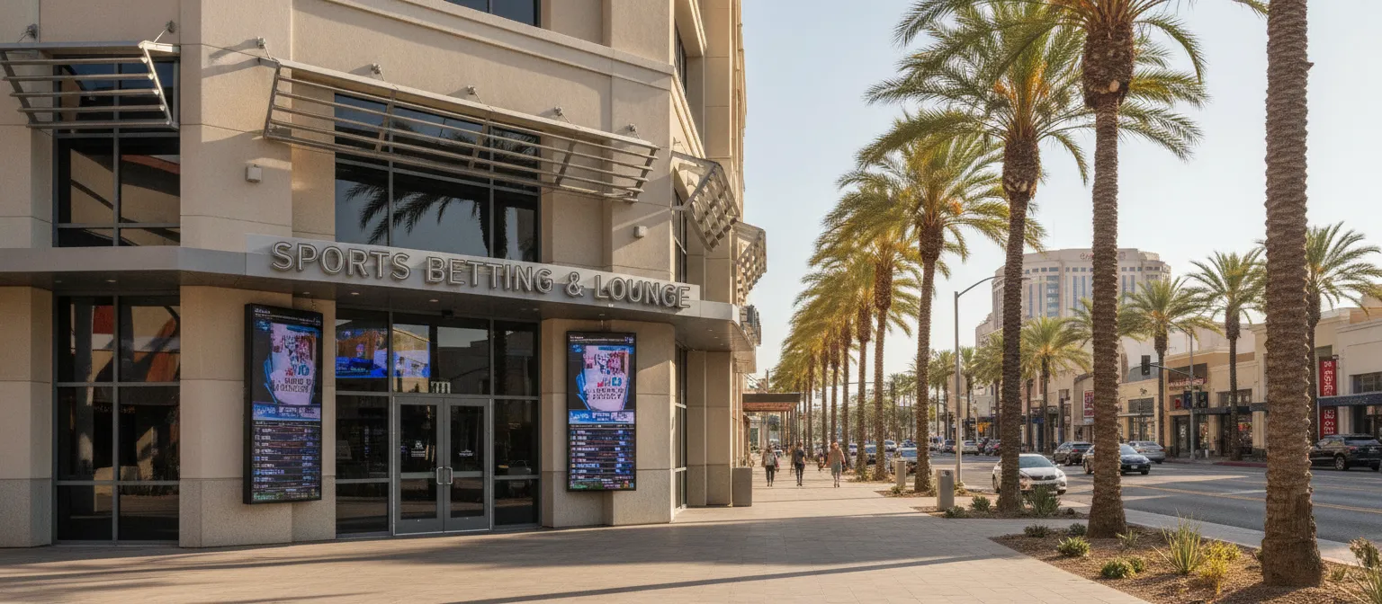 Generic casino sportsbook entrance in Los Angeles style setting