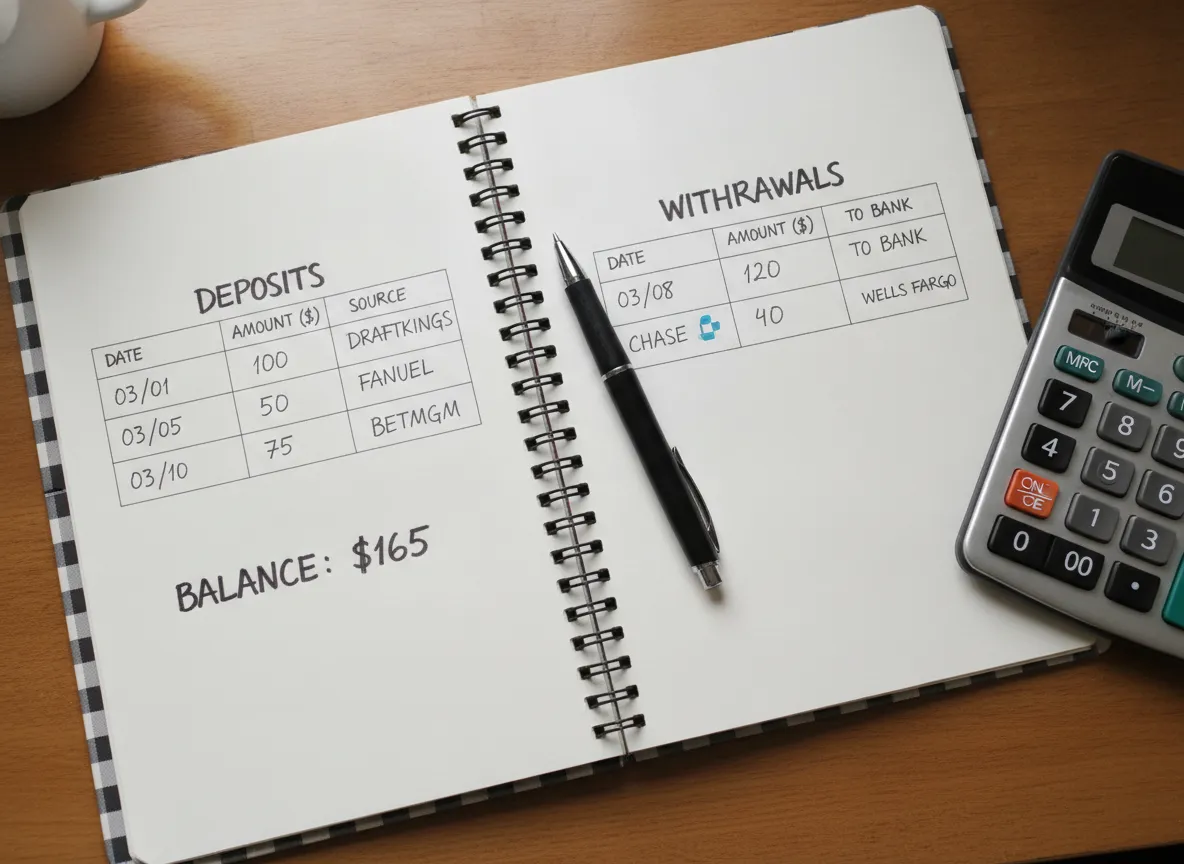 Notebook tracking deposits and withdrawals from betting