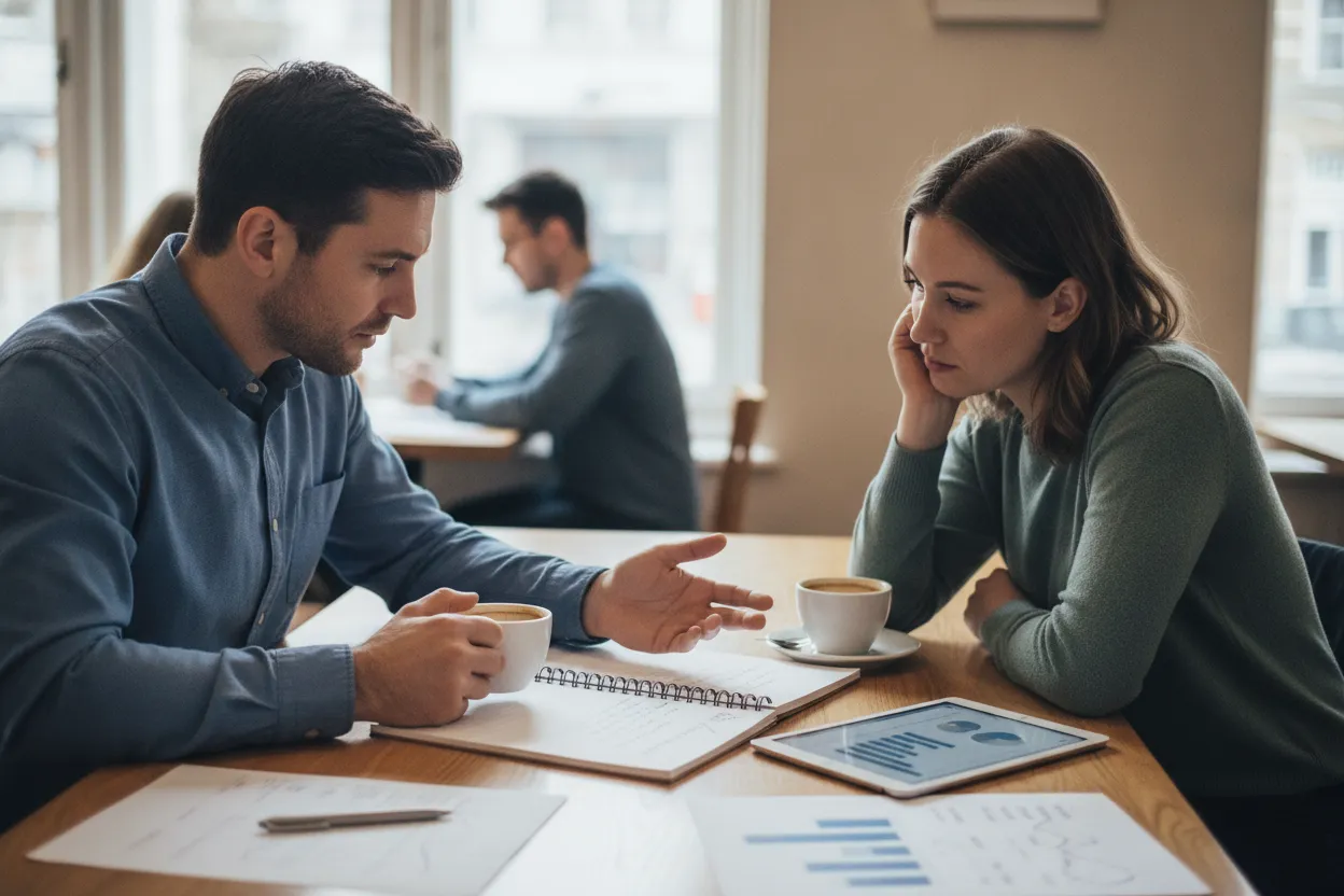 Two people discussing betting decisions calmly