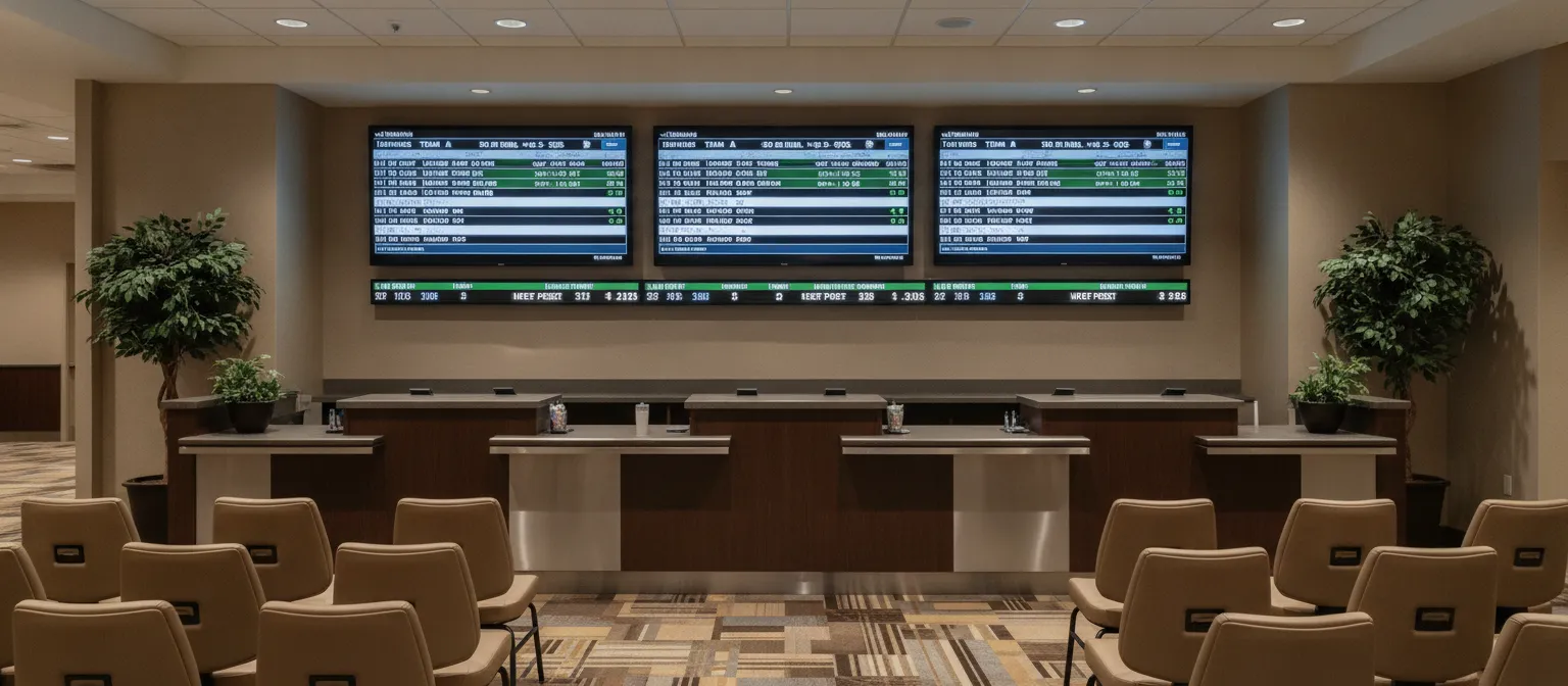 Quiet sportsbook counter with generic information screens