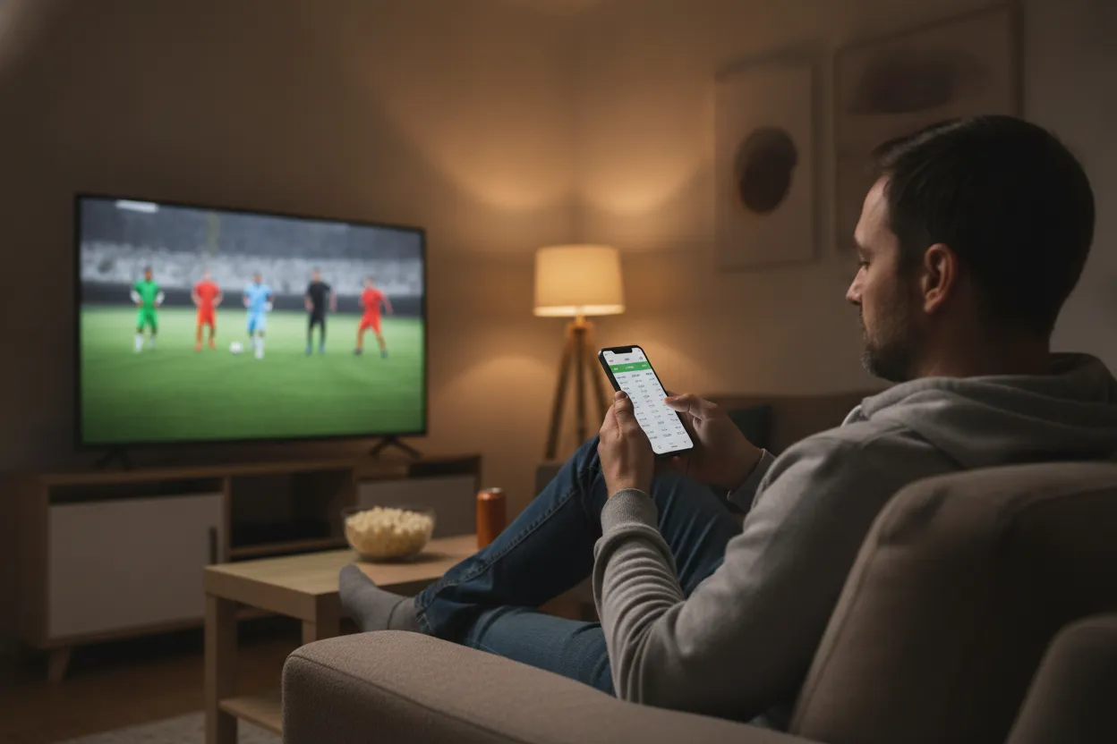 Sports fan watching a game while checking betting odds