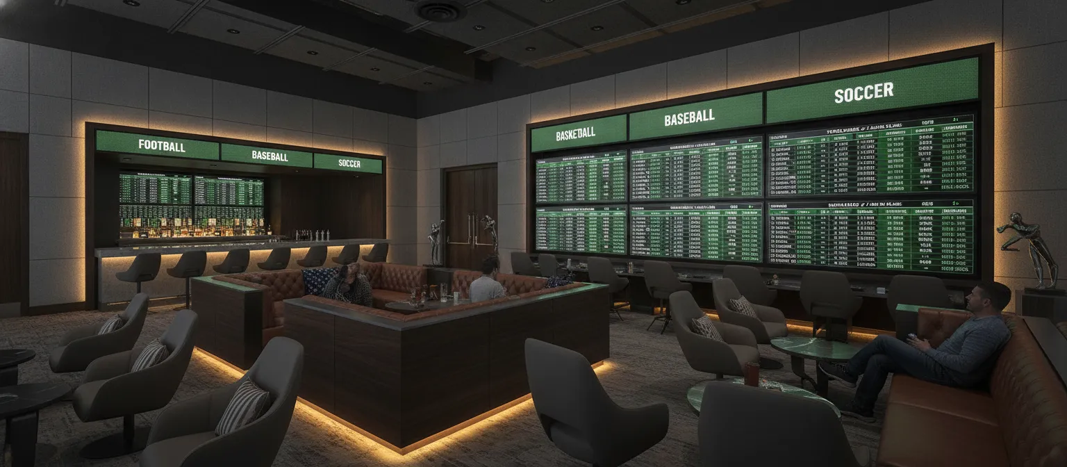 Neutral sportsbook interior with odds displays