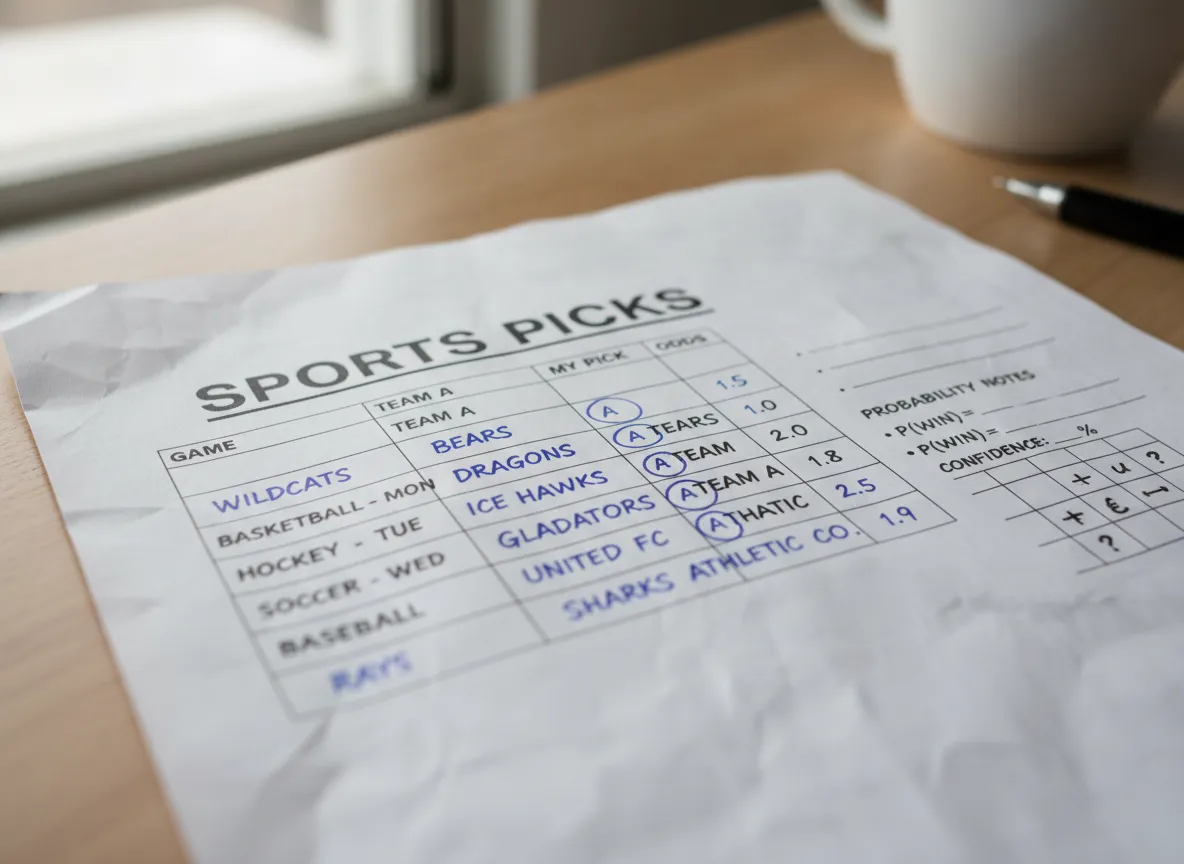 Sports betting selections on a paper worksheet