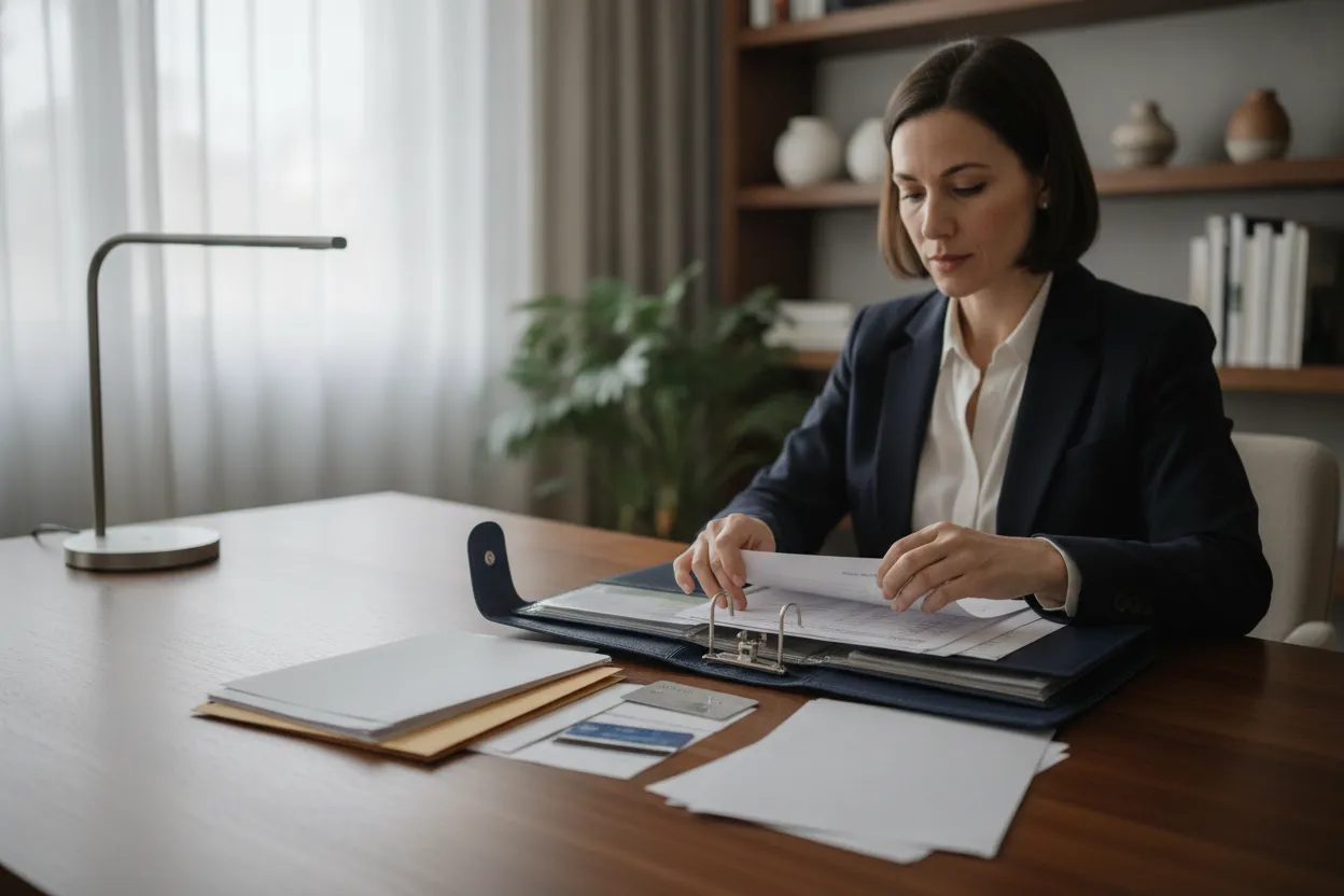 Woman securing personal bank documents and payment cards