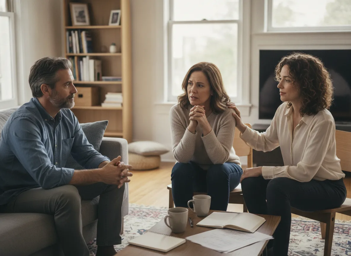 Friends providing calm support during a relationship money discussion
