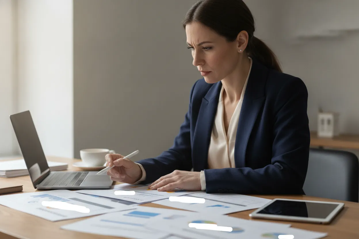 Woman checking financial documents before sharing account information
