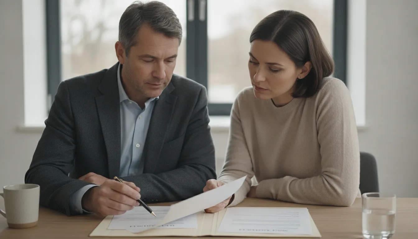 Man requesting money while partner reviews a written agreement