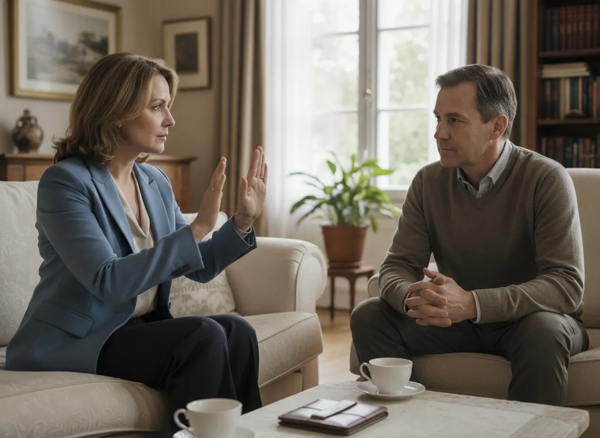 Woman declining a financial request and maintaining a firm boundary