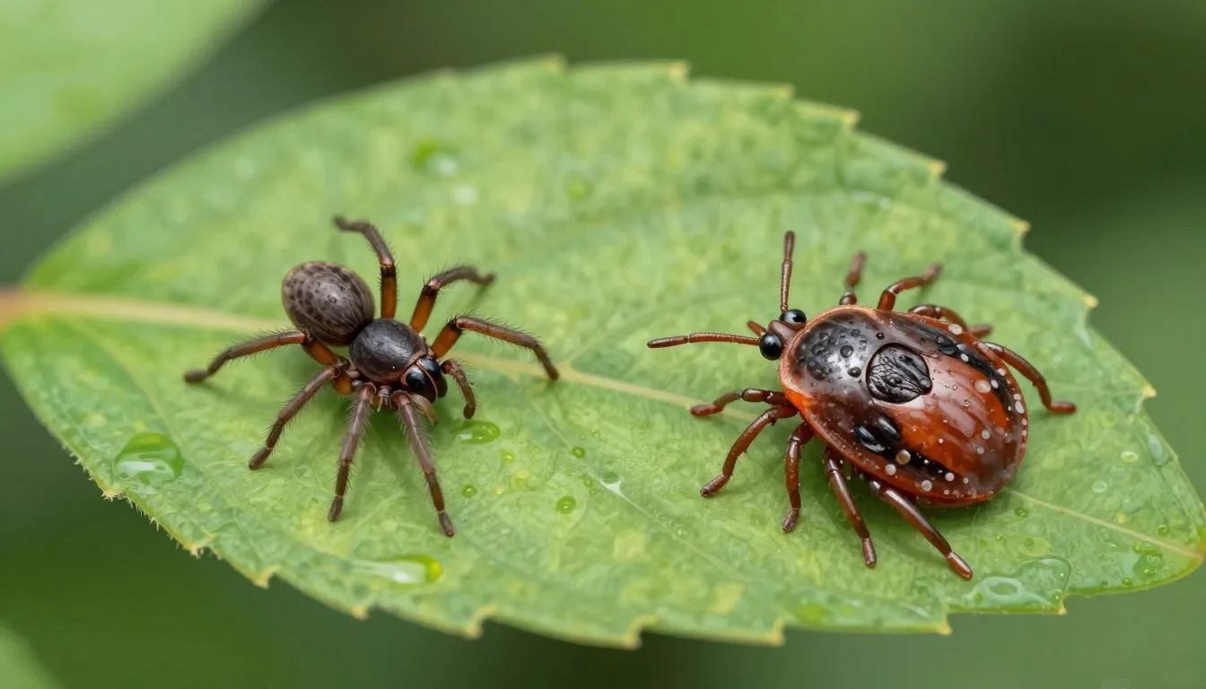 Male spider mite using its legs near a newly mature female during molting