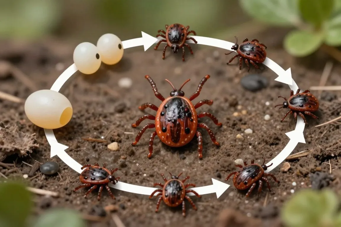 Tick life cycle showing eggs larvae nymphs and adult tick stages