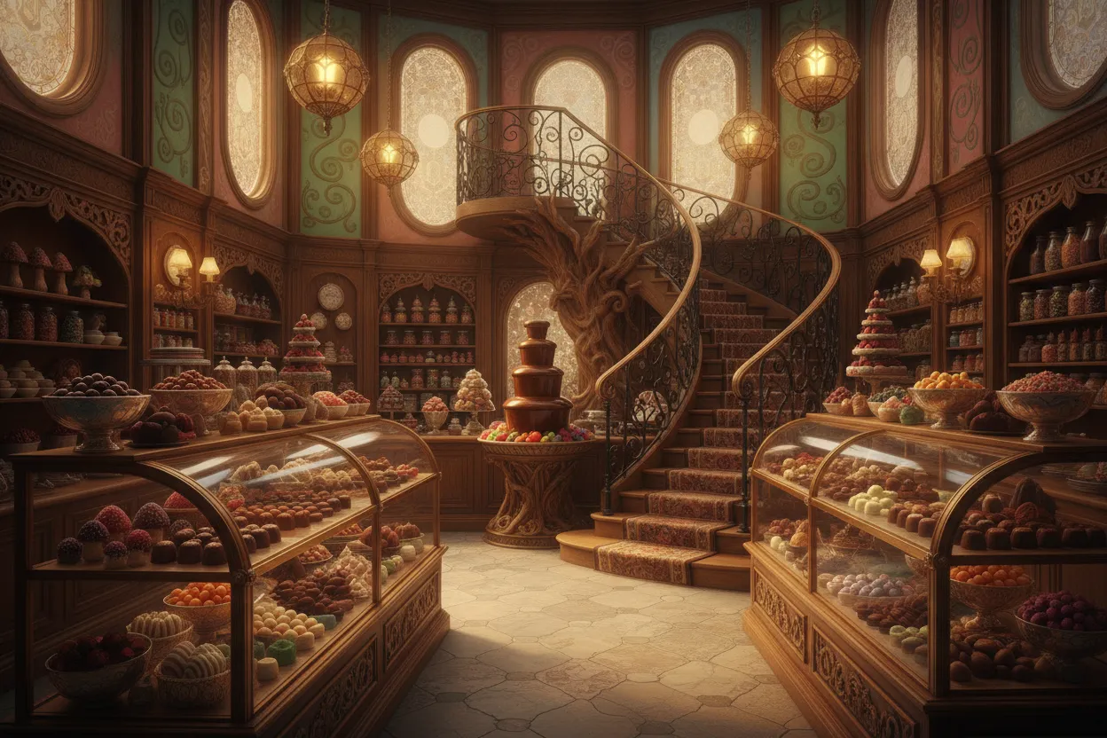 Chocolate shop interior suggesting a fantastical musical film