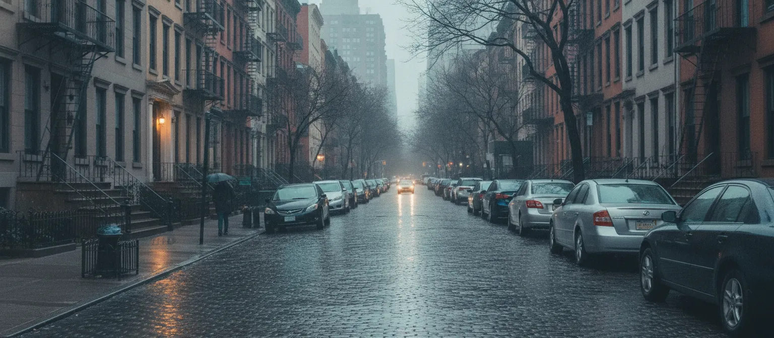 New York apartment street during a rainy day