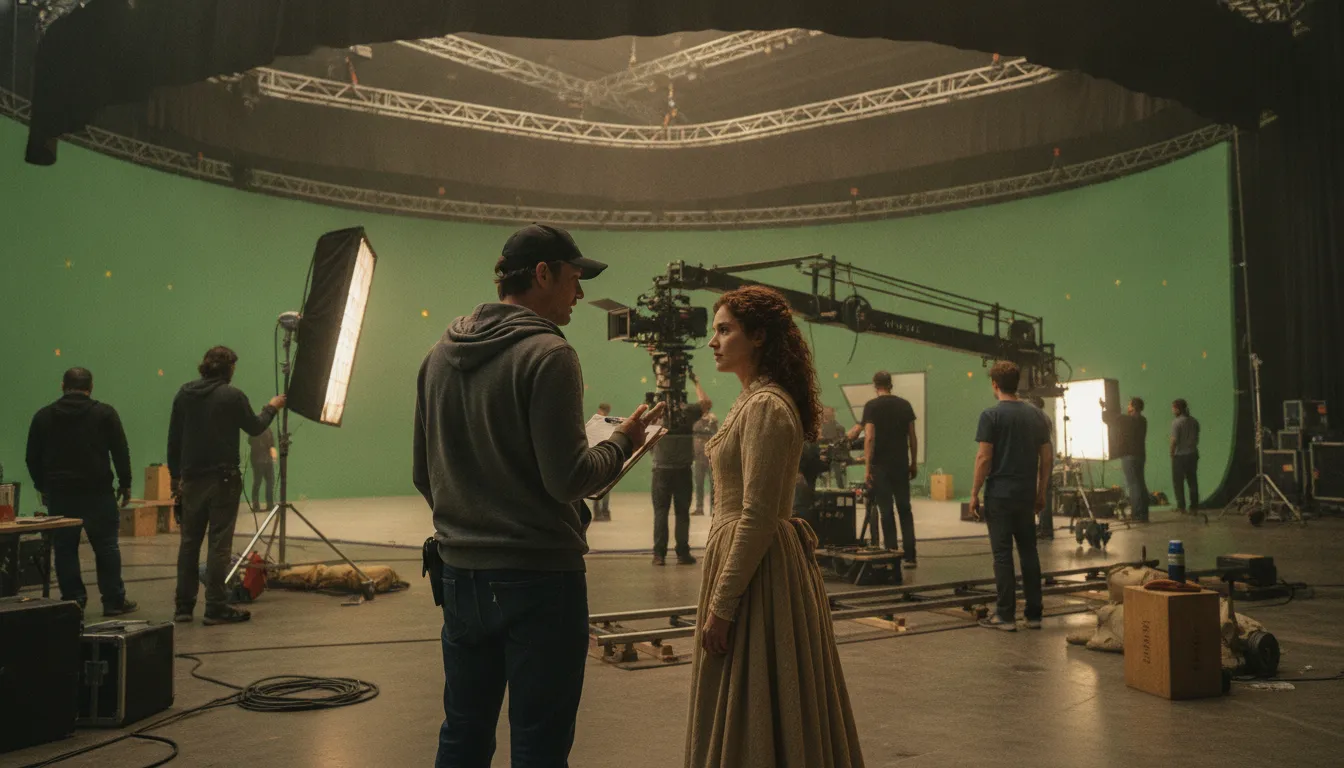 Film director speaking with an actor on a soundstage