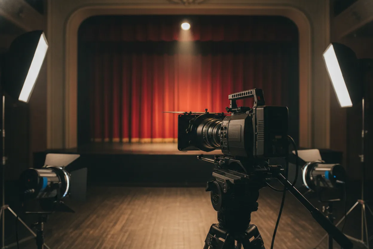 Film camera pointed toward an empty stage