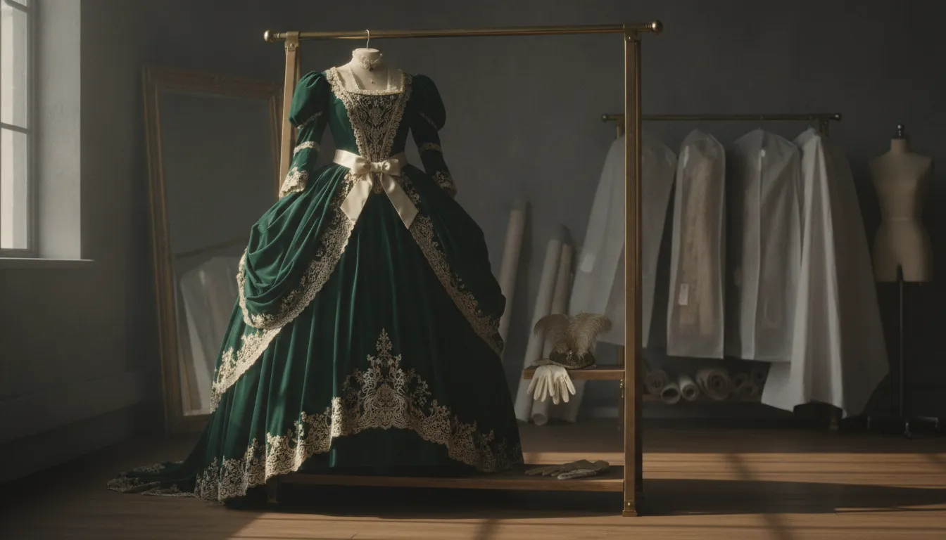 Period film costume displayed on a wardrobe rack