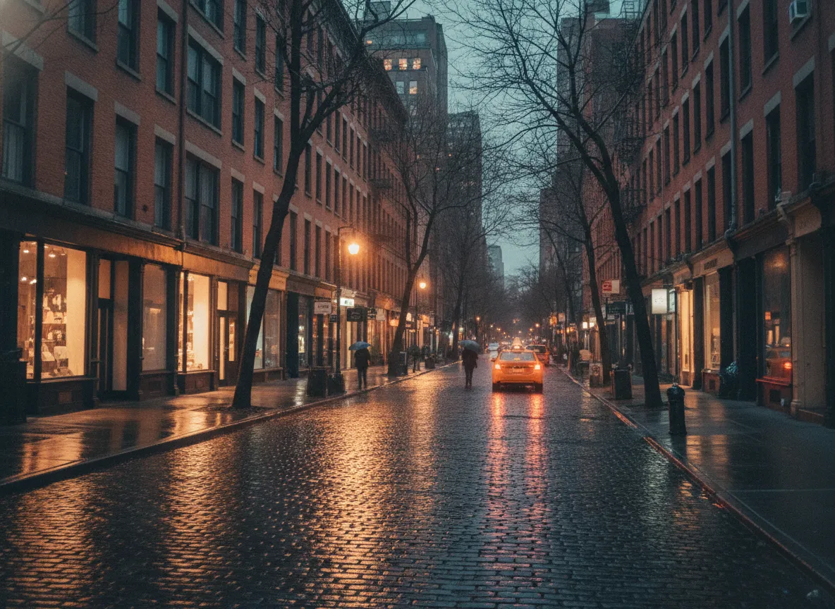 Quiet city street at night in New York