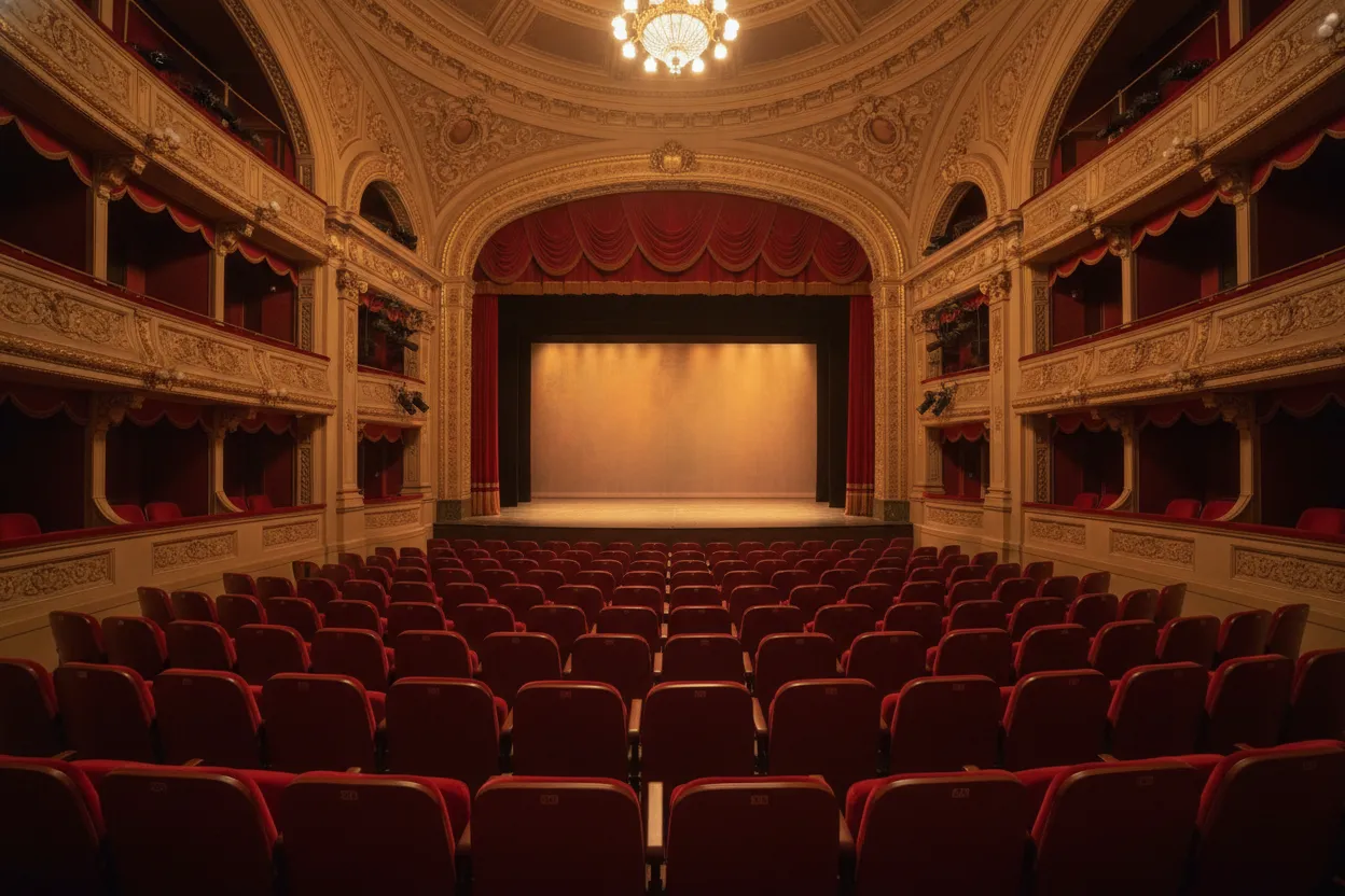 Theatre seats facing a lit stage