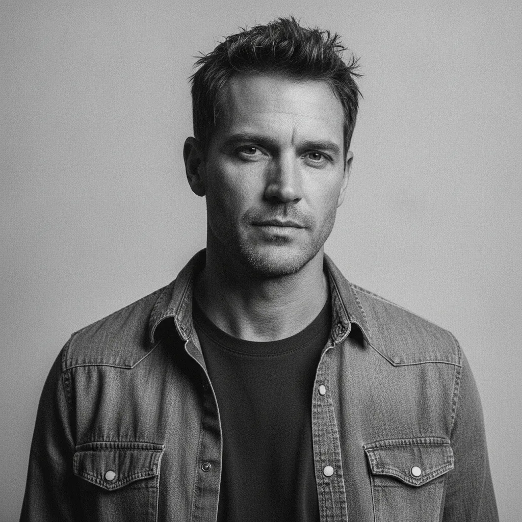 Black and white portrait of a fictional film actor