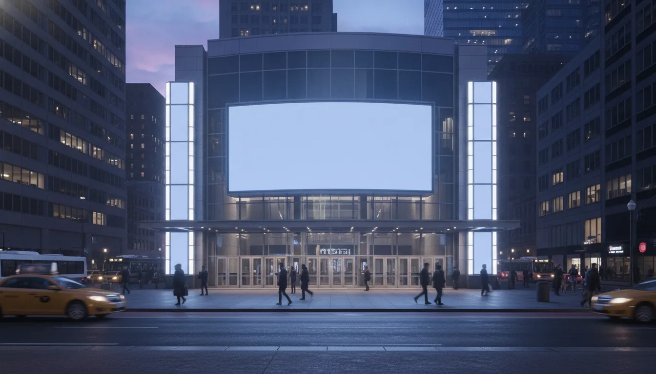Modern movie theatre exterior after sunset