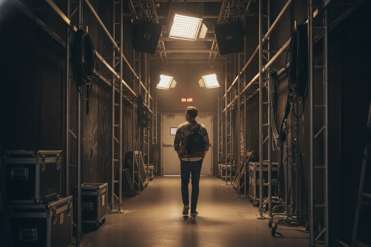 Actor walking through a film studio corridor