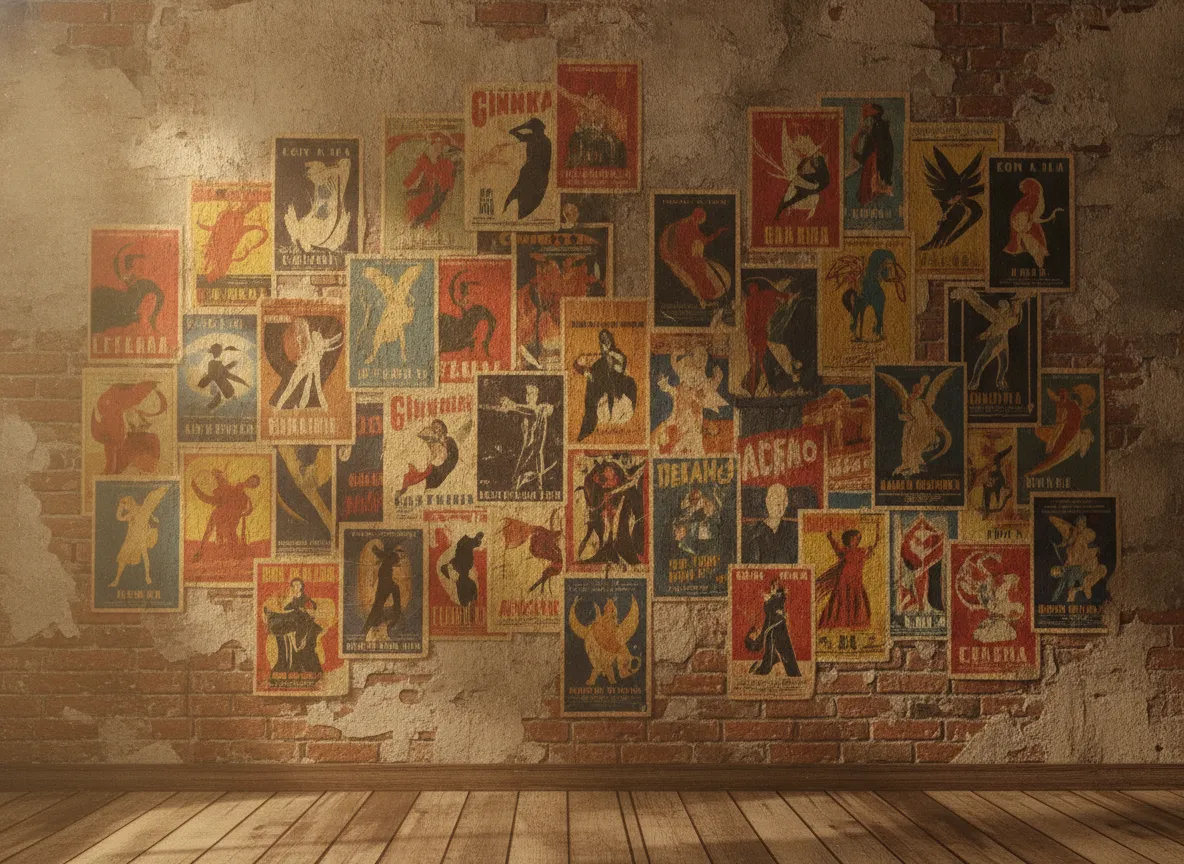Old cinema posters with text intentionally unreadable