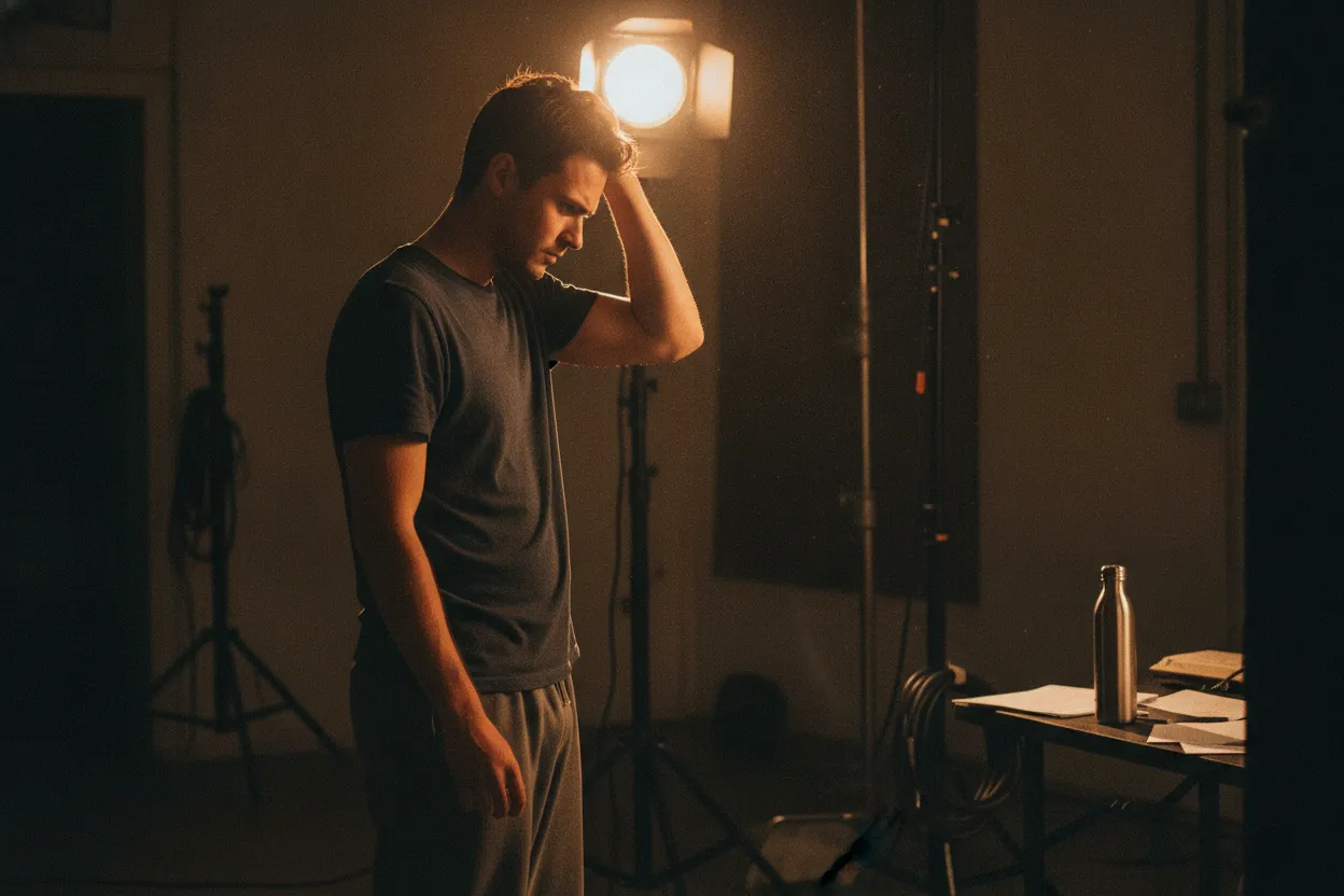 Actor preparing under a studio light