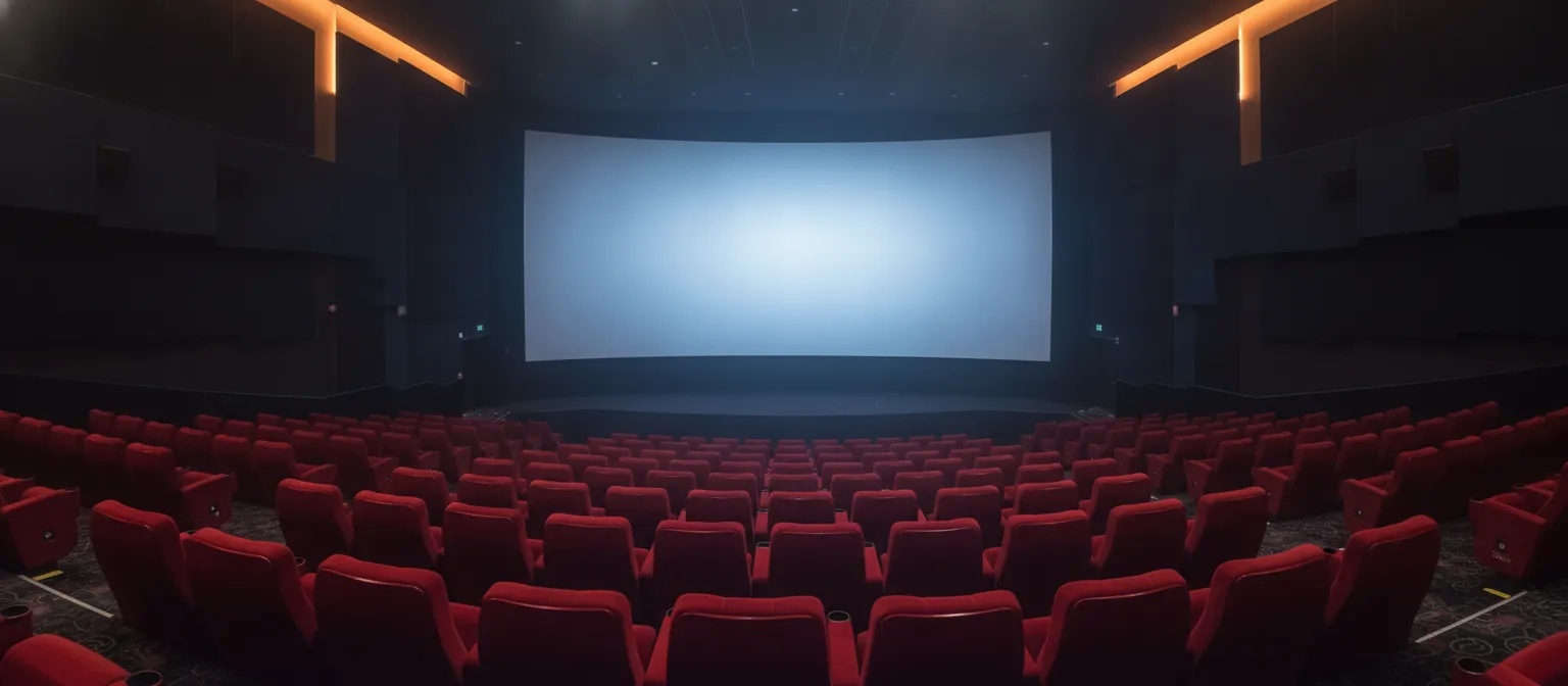 Empty cinema seats illuminated by screen light