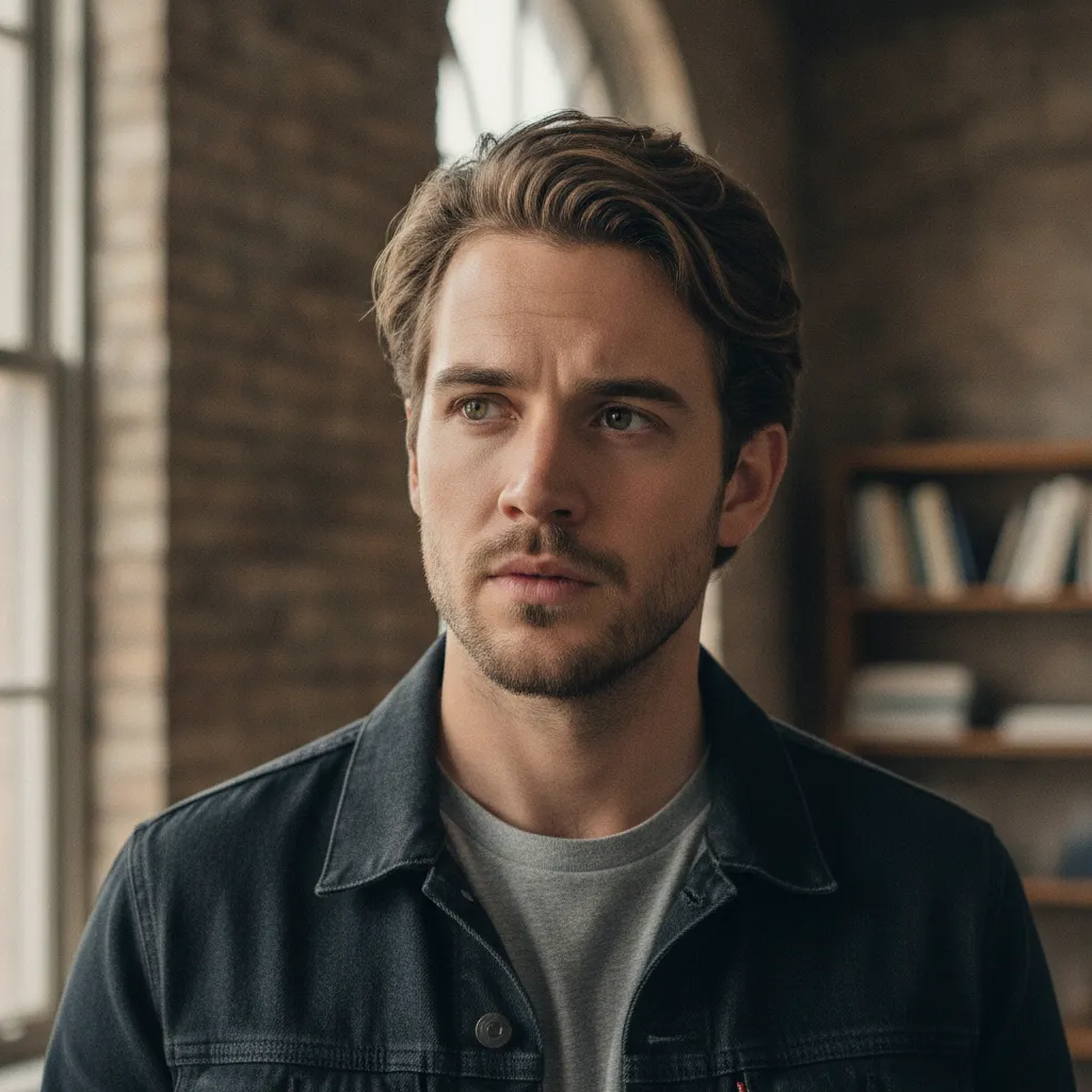 Neutral close portrait representing a young actor at a career crossroads