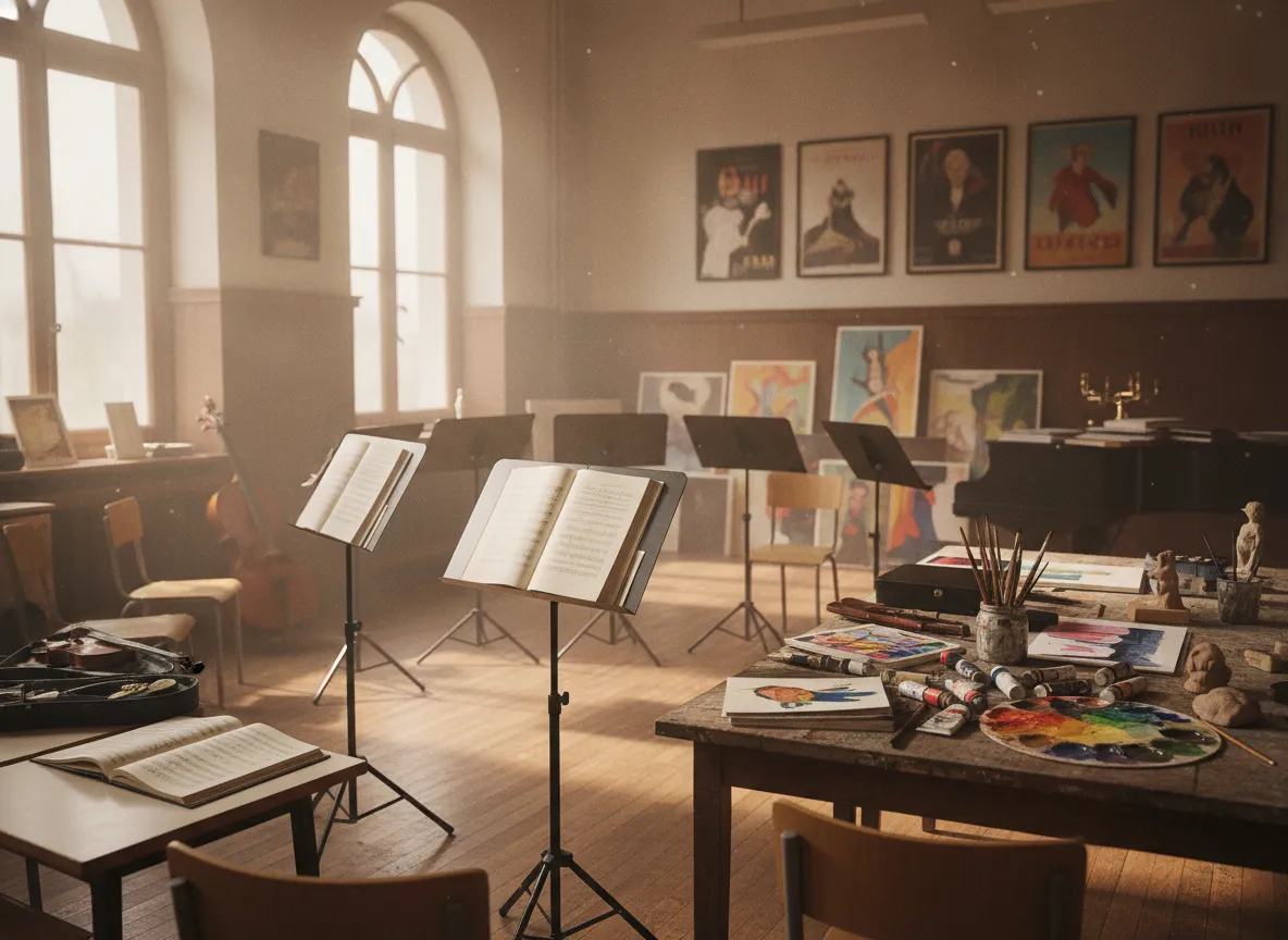 Performing arts classroom with music and theatre materials