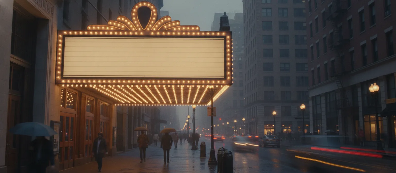 Classic cinema marquee at evening