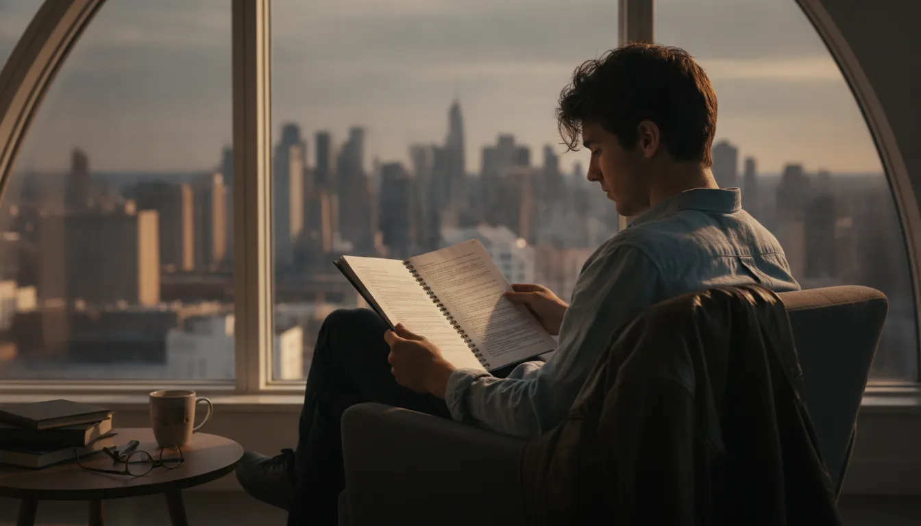 Actor reviewing a film script beside a window