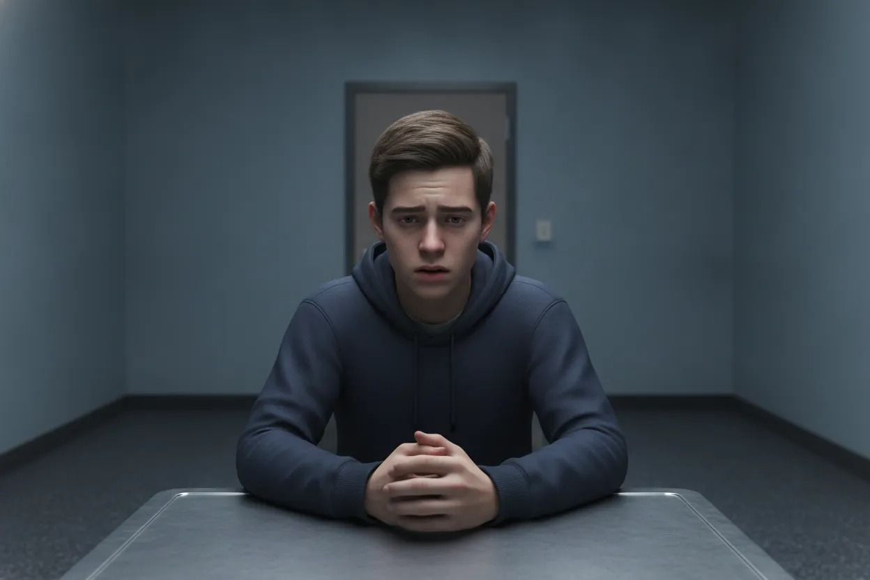 Transitional Age Netflix series portrait of a worried teenage boy in a police interview room
