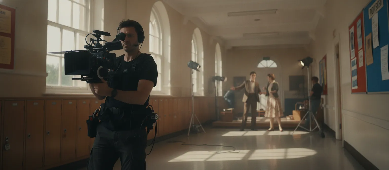 Long-take camera movement through a school hallway in the Transitional Age Netflix series