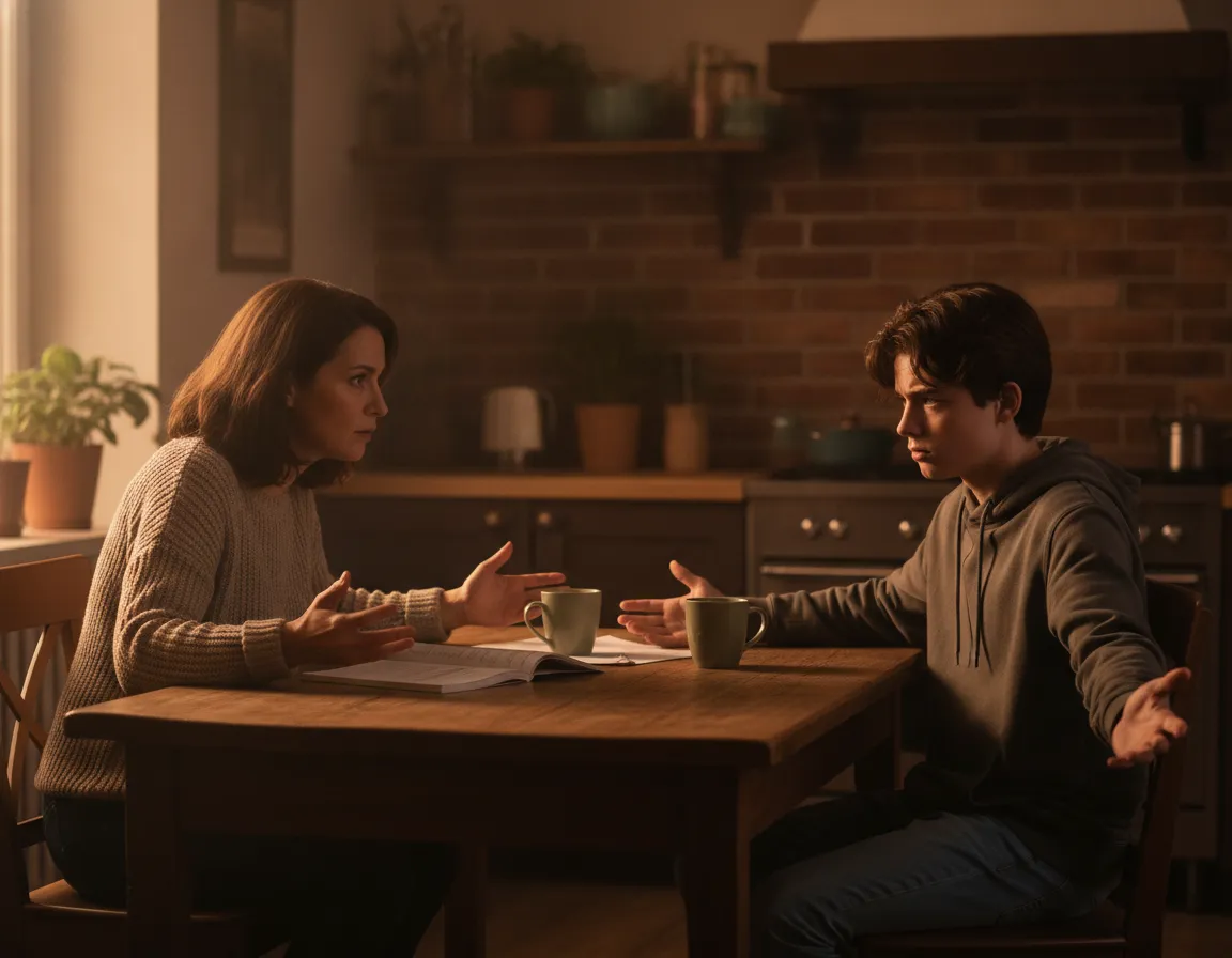 Parent and teenager having a serious conversation inspired by the Transitional Age Netflix series