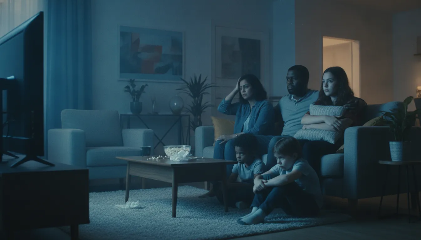 Family watching a serious television drama about youth violence and social responsibility