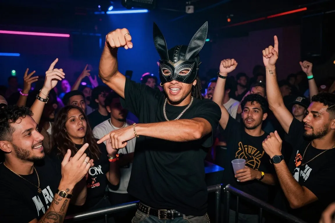 Masked hip-hop performer energizing a club audience before the main act