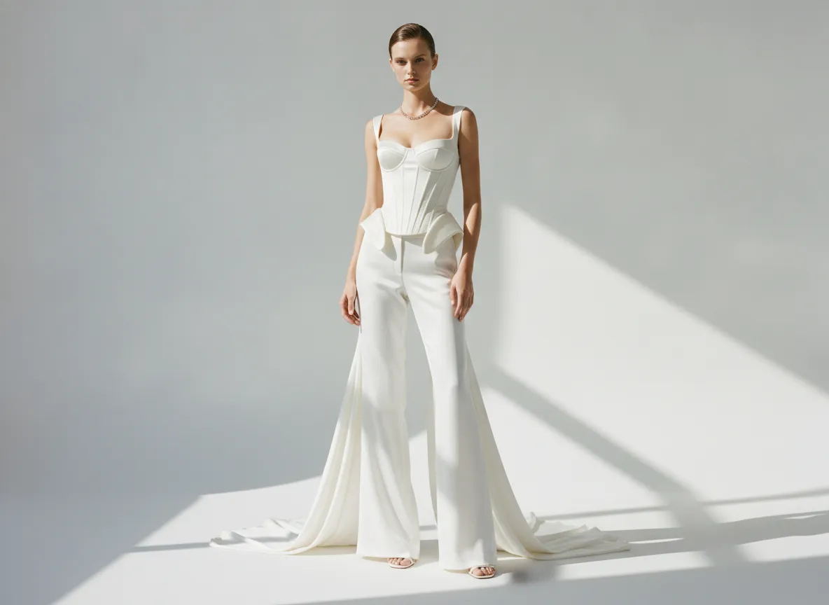 Tailored white trousers paired with a sculpted corset