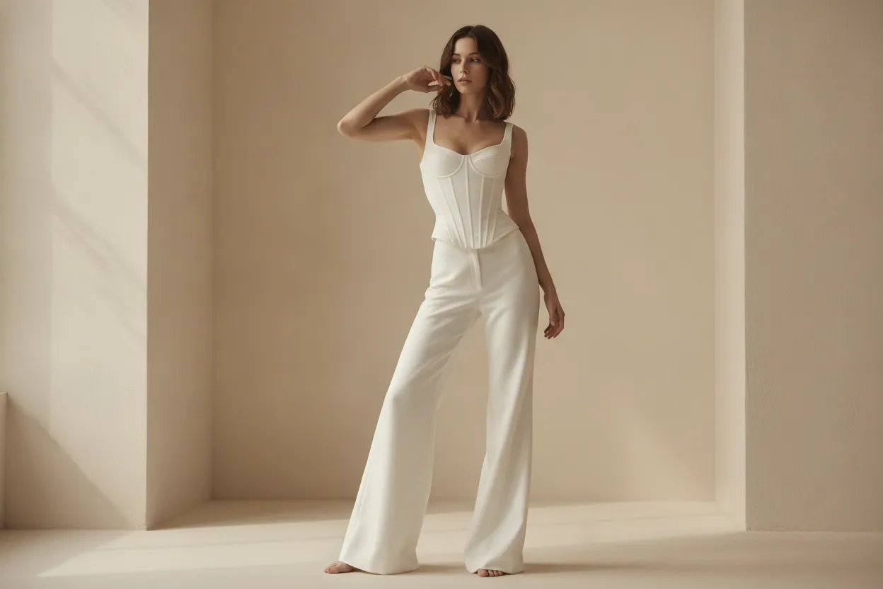 Elegant tailored fashion silhouette with a white corset and trousers