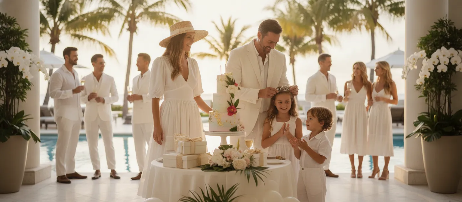 Elegant family birthday scene with a white fashion outfit