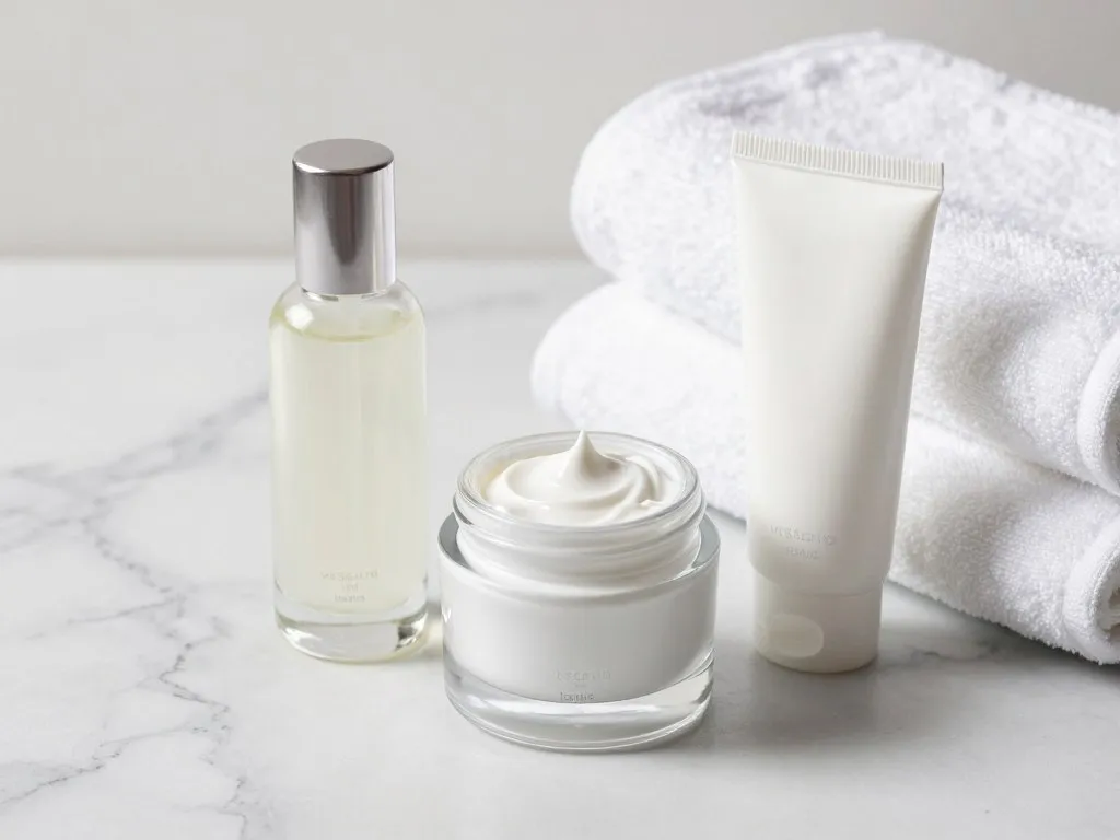 Skincare bottles, moisturizer, serum, and sunscreen arranged on a marble shelf