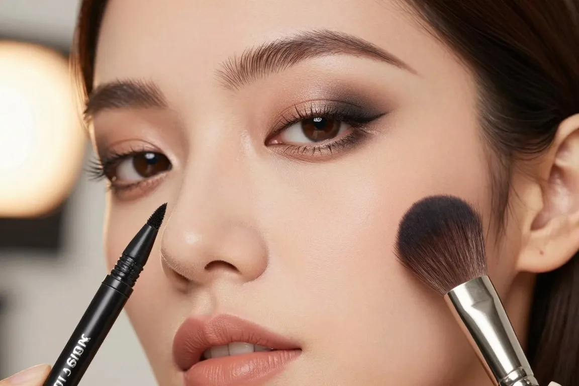 Soft smoky eye makeup with satin kajal and nude lipstick