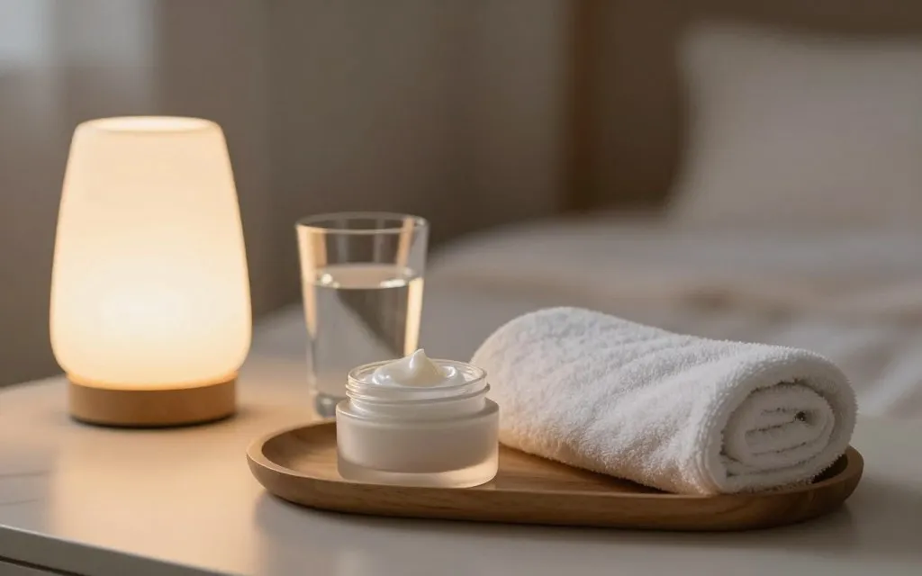 Simple evening skincare routine with moisturizer, towel, and soft lamp light