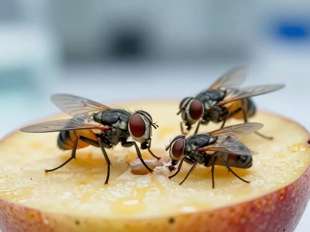 living fruit flies near dead flies on laboratory fruit