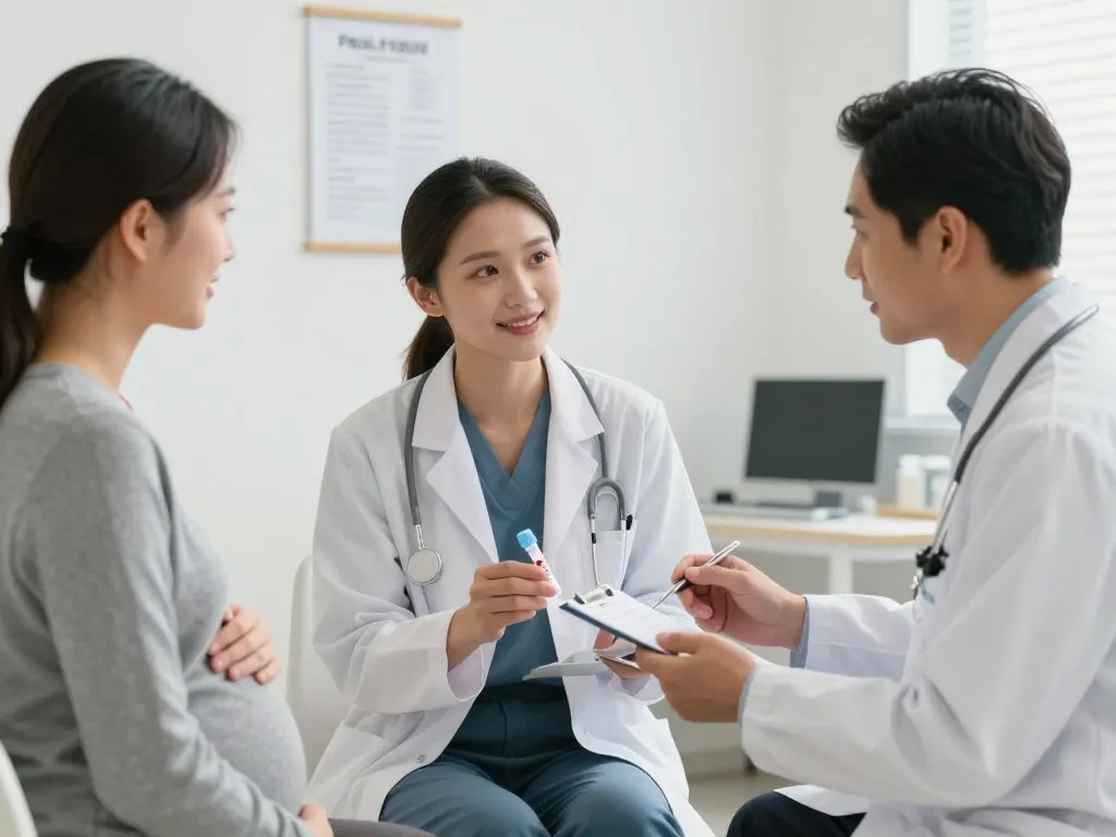 Clinician discussing blood testing and vitamin levels with a pregnant patient